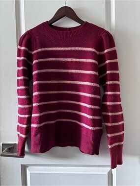 Fat Face Burgundy and Cream Striped Crewneck Sweater
